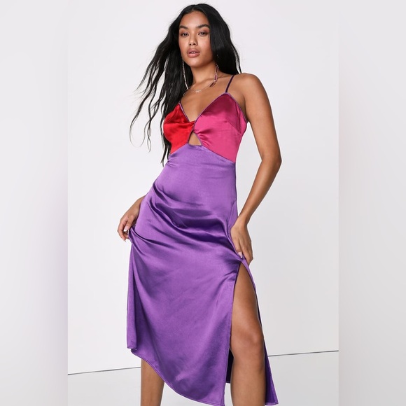 NWT Lulus Chic Combo Purple Color Block Satin Twist-Front Midi Dress D2936 Sz XS - Picture 1 of 14